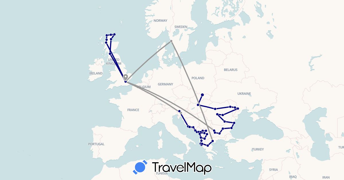 TravelMap itinerary: driving, plane in Albania, Bosnia and Herzegovina, Bulgaria, United Kingdom, Greece, Croatia, Hungary, Moldova, Montenegro, Macedonia, Romania, Sweden, Slovenia, Slovakia, Kosovo (Europe)